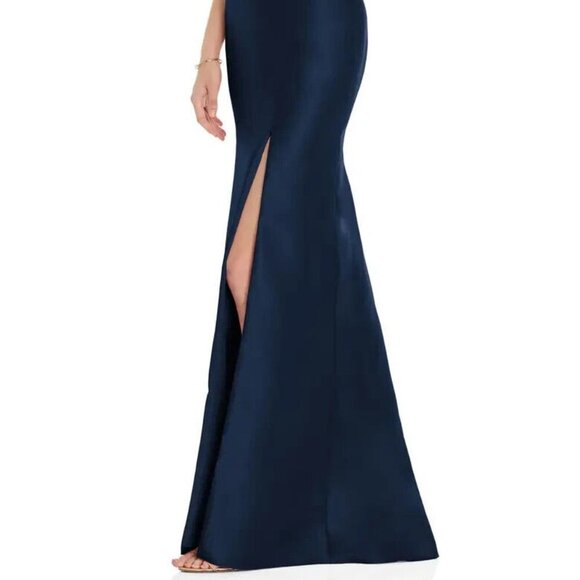 Alfred Sung Midnight Blue Draped One-Shoulder Satin Trumpet Gown D827 - Picture 4 of 6